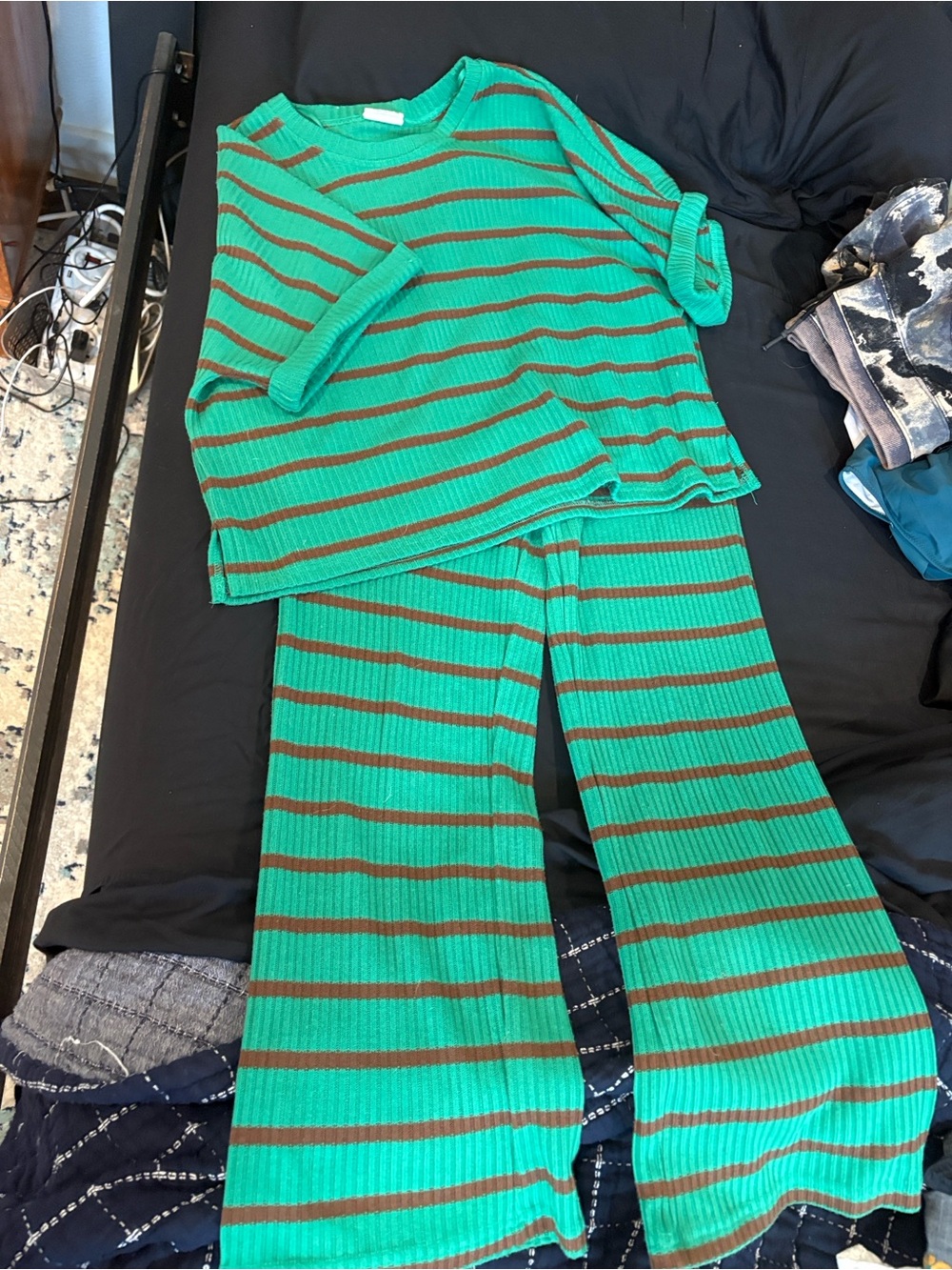 Striped Ribbed Boot-Cut Pants in Green and Brown